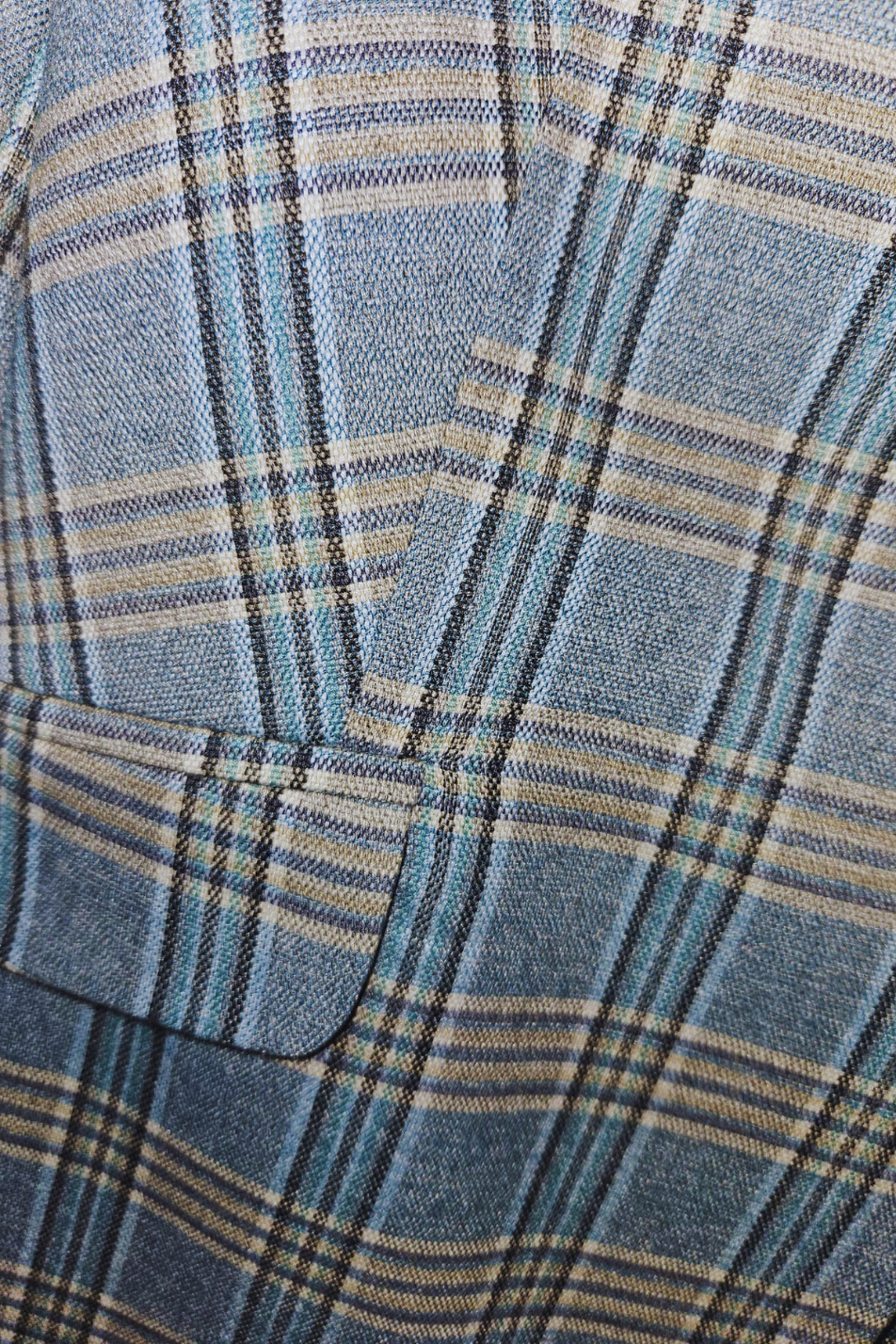 Elegancki żakiet damski zapinany na jeden guzik - kratka, kolor ecru, niebieski i beżowy M17236 - obrazek 6