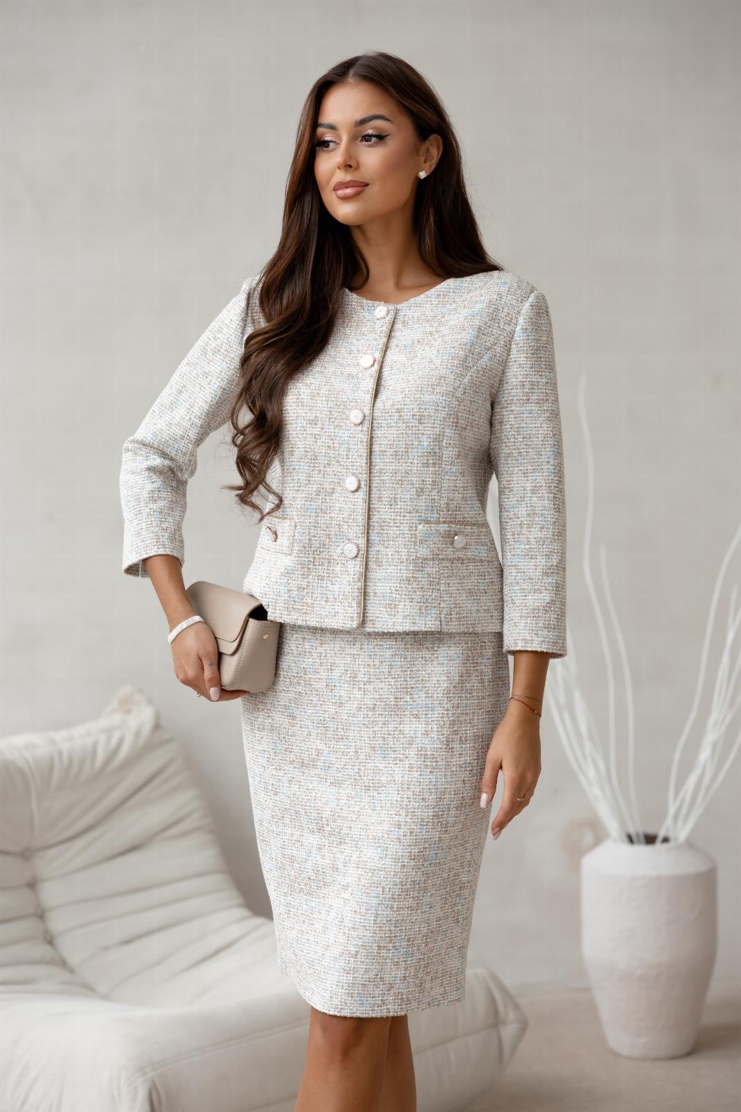 Elegancki komplet damski - żakiet pudełkowy i spódnica do kolan w stylu Chanel 16060 - obrazek 3